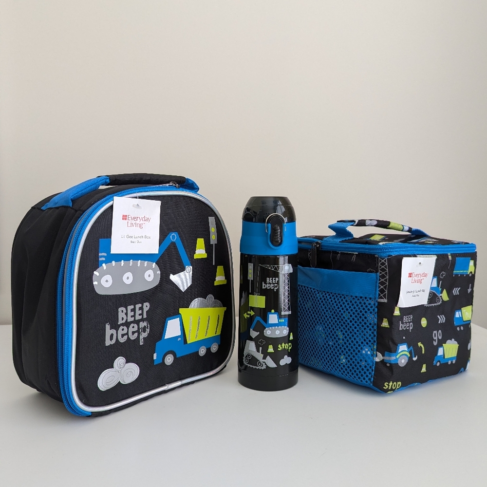 3Pc Set Kids Boys lnsulated Lunch Bag Tote Box Bottle Truck Digger Excavator NWT